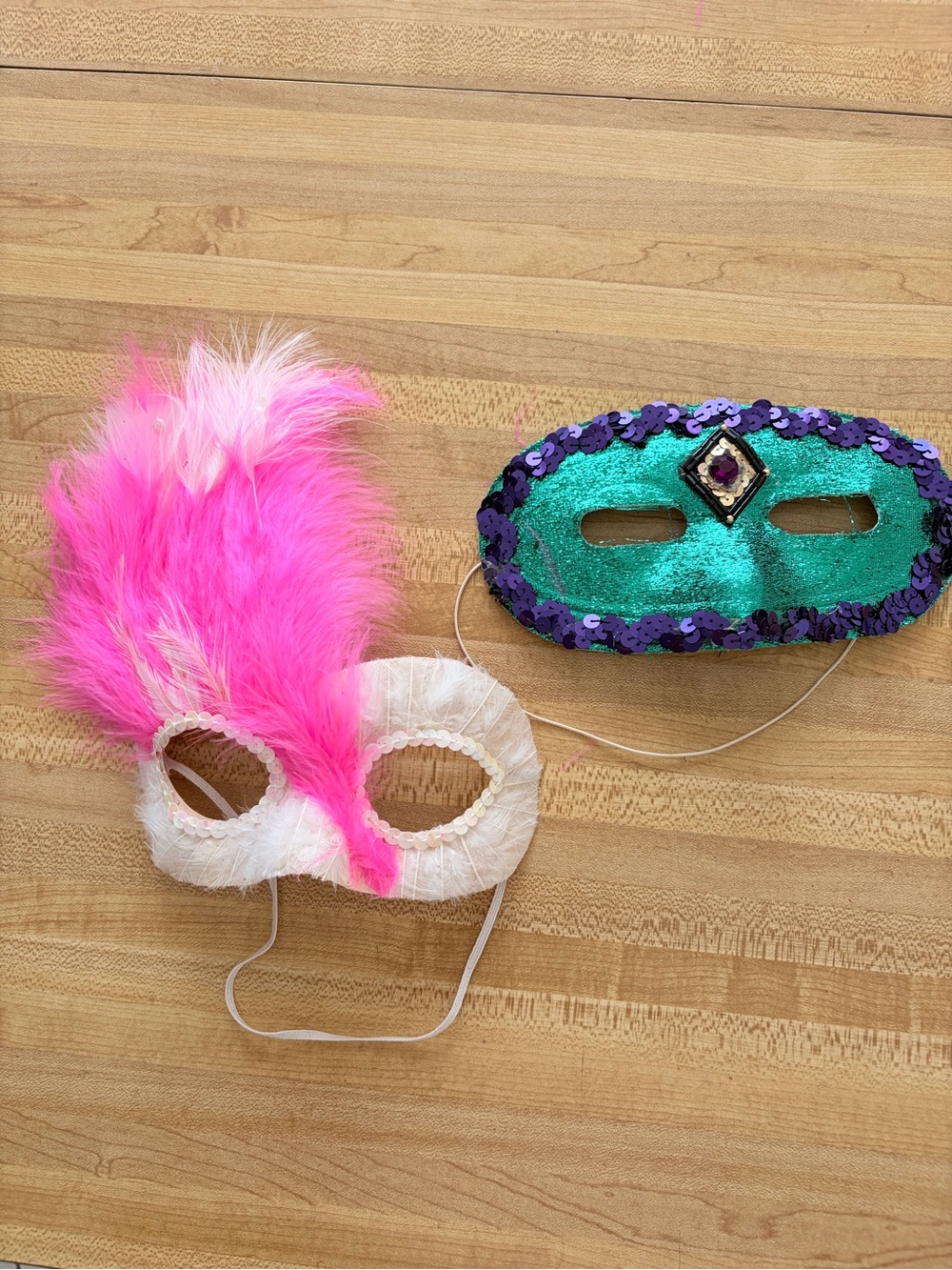 2 Masks Pink Feather and Teal Sequin Masquerade Mask Set